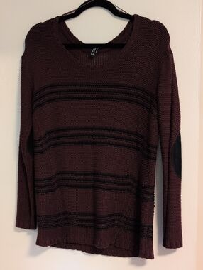 Design Lab Lord & Taylor Brown Striped Crewneck Sweater with Elbow Patches